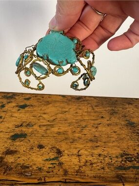 Turquoise Stone and Brass Wire Cuff Bracelet